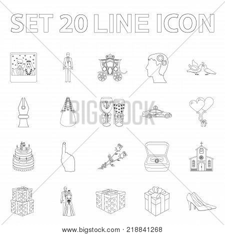Wedding and Attributes outline icons in set collection for design. Newlyweds and Accessories vector symbol stock  illustration.