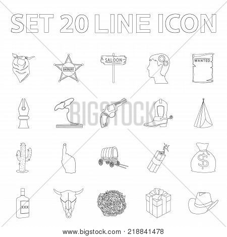 Attributes of the wild west outline icons in set collection for design.Texas and America vector symbol stock  illustration.