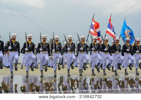 Pattaya Thailand - November 19 2017: Thai navy demonstrating Fancy Drill on the 50th anniversary ASEAN International Fleet Review 2017 at the beach of Pattaya Thailand.