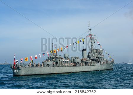 Pattaya Thailand - November 18 2017 Mariners in activity of fleet review on warship parking on sea on the 50th anniversary ASEAN international fleet review 2017 drill in Pattaya Thailand