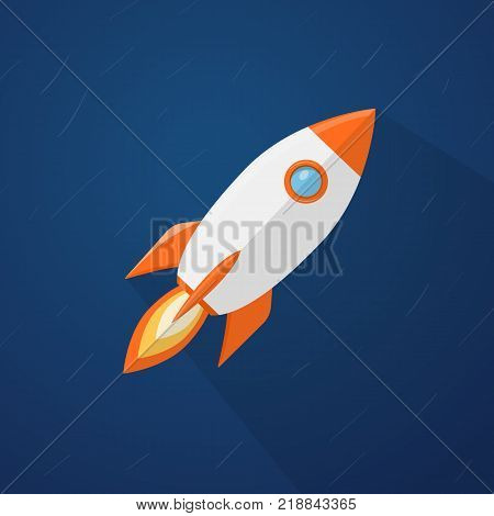 Rocketship flyi in the space with blurred stars background