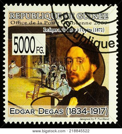 Moscow Russia - December 18 2017: A stamp printed in Guinea shows Edgar Degas (1834-1917) and painting 