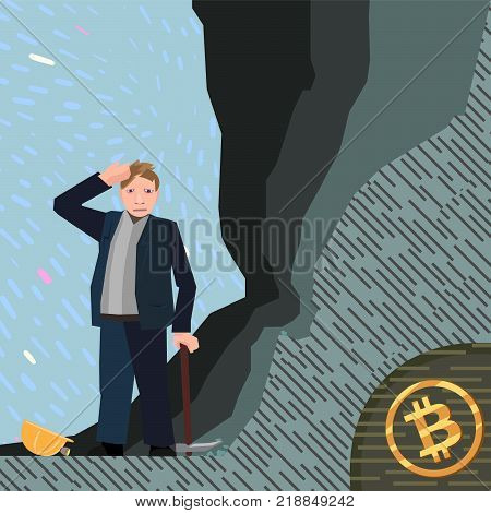 modern style business illustration, bitcoins and mining, a man is tired of hammering a rock
