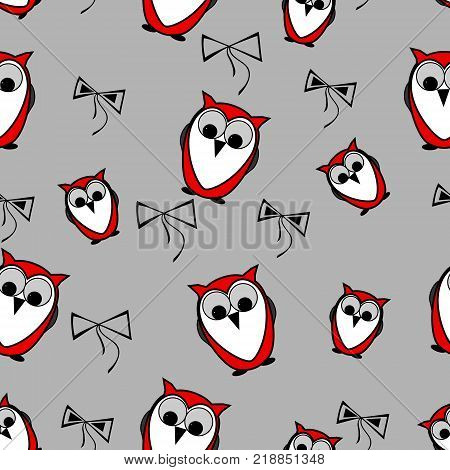 seamless cute cartoon red owls birds pattern background with bows