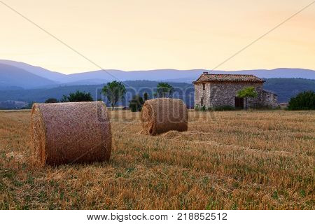 Hay bale at sunrise the Provence region in France