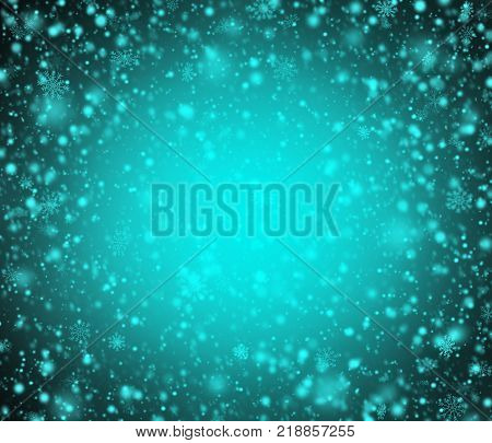 Night cyan winter abstract background with snowflakes.