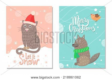Merry Christmas let it snow 70s theme postcard with cat in red hat with fluffy bubo and wolf with green scarf. Vector illustration with xmas congratulation