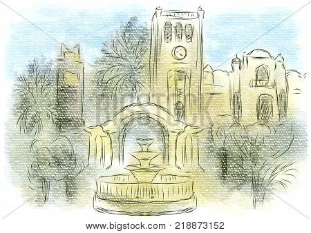 Azua. abstract illustration of city on multicolor background