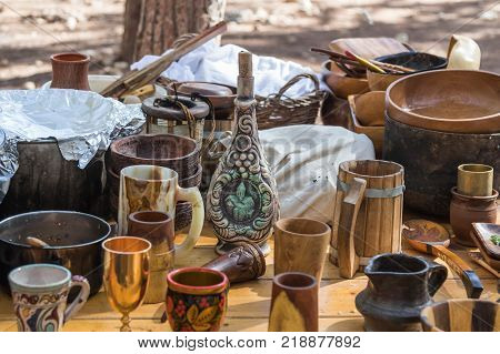 Ben Shemen Israel November 11 2017 : Viking dishes are on the table at the reconstruction of the life of the Vikings - 
