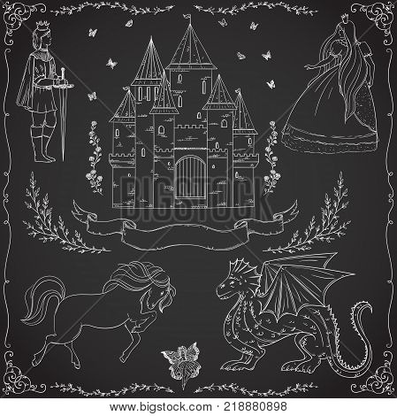 Fairy tale theme. Prince, princess, castle, dragon, fairy, horse. Collection of decorative design elements on chalkboard background. Isolated objects. Vintage vector illustration