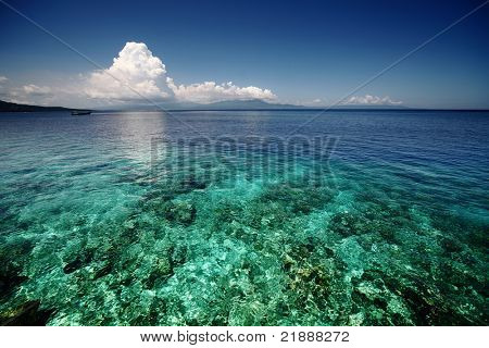 Barriera corallina mare trasparente e nuvole bianche. Isola di Bunaken. Indonesia