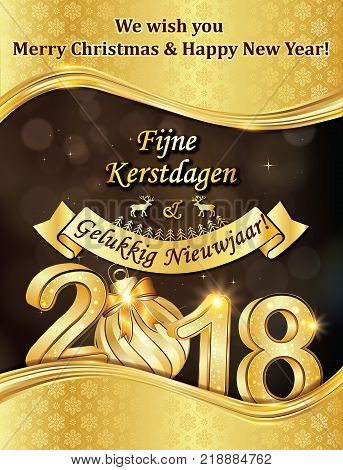 Happy New Year 2018 - greeting card with text written in Englush and Dutch. Print size.