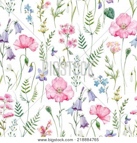 Beautiful seamless vector pattern with hand drawn watercolor flowers