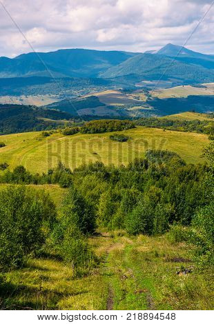 beautiful countryside of Crapathians in early autumn. forested hills and mountain ridge with high peak in the distance. lovely sunny weather with cloudy sky
