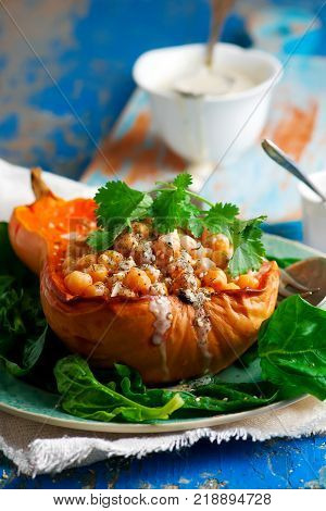 Butternut Squash with Chickpeas Tahini and Za'atar.selective focus