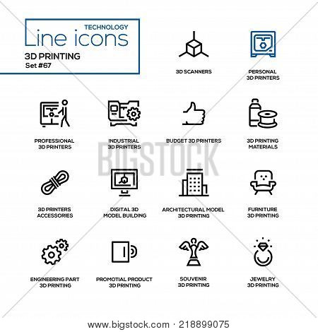 3D printing - line design icons set. Scanners, personal printers, professional, industrial, budget, materials, accessories, digital model building, architectural, furniture, engineering part, etc