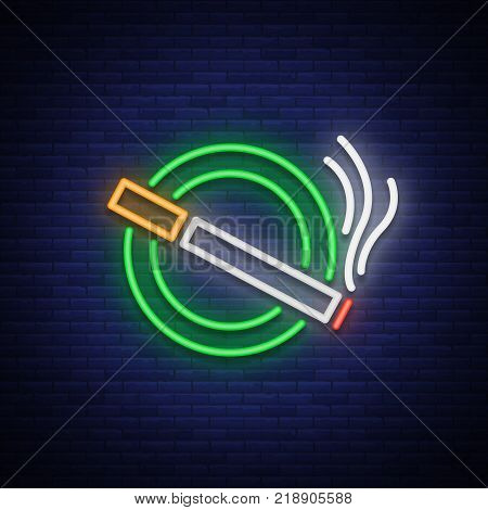 Smoking area neon sign. Neon symbol, a luminous sign is a place for smoking. Bright signboard. Vector illustration.