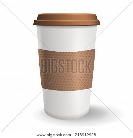 Take away paper coffee cup with lid and protective ripple sleeve. Vector illustration. Realistic to go coffee cup isolated on the white background.