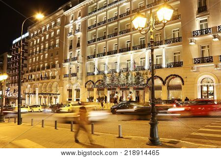 ATHENS GREECE, DECEMBER 15 2017: night photography of Grande Bretagne hotel Athens Greece with Christmas decorative lights. Editorial use.