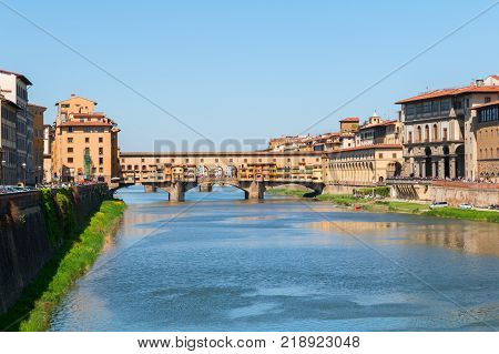 Florence town and the Ponte Vecchio bridge the Arno river in Italy Europe