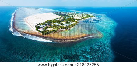 Aerial view of the tropical island of Himmafushi, Maldives
