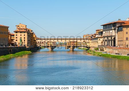 Florence town and the Ponte Vecchio bridge the Arno river in Italy Europe
