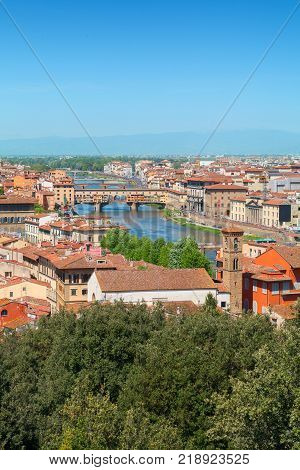 Beautiful views of Florence cityscape in the background Ponte Vecchio bridge in Italy Europe