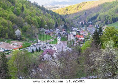 Typical mountain landscape and village in SloveniaEurope