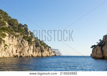Beautiful nature of Calanques on the azure coast of France. Calanques National Park near Marseille. Nature and outdoor