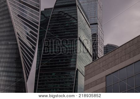 Skyscrapers in the city center. Glass office buildings.