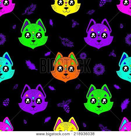 Cute Kids Fox Pattern For Girls And Boys. Colorful Fox On The Abstract Background Create A Fun Carto