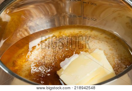Honey, Sugar, Butter In Pan. Panforte Preparation, Cooking Process