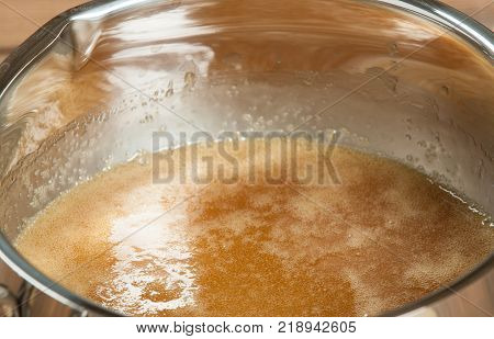Boiling Honey, Sugar, Butter In Pan. Panforte Preparation, Cooking Process