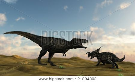Tyrannosaurus v poušti útočící einiosaur