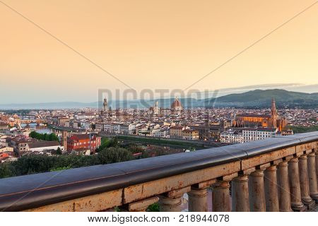 Beautiful views of Florence cityscape in the background Cathedral Santa Maria del Fiore at sunrise in Italy Europe