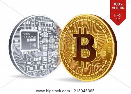 Bitcoin. 3D isometric Physical bit coin. Digital currency. Cryptocurrency. Golden and silver coins with bitcoin symbol isolated on white background. Stock vector illustration