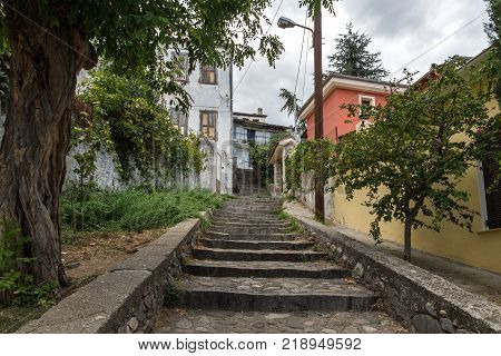 XANTHI, GREECE - SEPTEMBER 23, 2017: Street and old houses in old town of Xanthi, East Macedonia and Thrace, Greece
