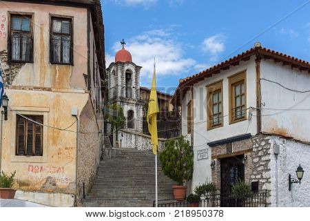 XANTHI, GREECE - SEPTEMBER 23, 2017: Street and old houses in old town of Xanthi, East Macedonia and Thrace, Greece