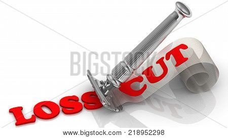 Loss cut. Fiancial concept. Razor cuts the word LOSS. On shavings word CUT. The concept of loss reduction. 3D Illustration