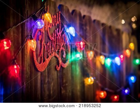 Merry Christmas holiday coming signs and colorful lights are around us