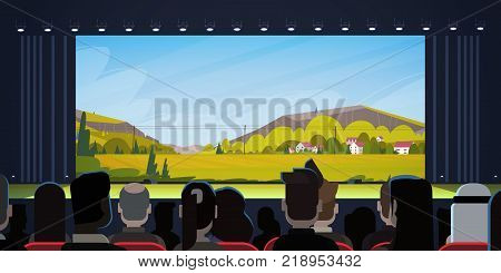 People Sitting In Cinema Watching Movie Back Rear View Flat Vector Illustration