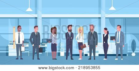 Mix Race Team Of Business People In Modern Office Concept Group Of Successful Businessmen And Businesswomen Workplace Interior Flat Vector Illustration