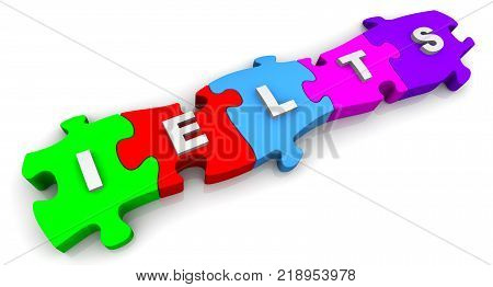 IELTS. Inscription on the multicolored puzzles. The abbreviation "IELTS" on colorful puzzles. 3D Illustration
