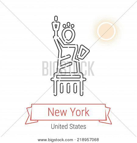New York, United States Vector Line Icon with Red Ribbon Isolated on White. New York Landmark - Emblem - Print - Label - Symbol. The Statue of Liberty Pictogram. World Cities Collection.