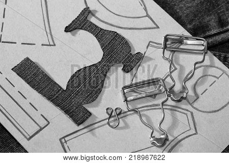 A Stencil Of A Sewing Machine Of Jeans, Drawing Clothing On Paper