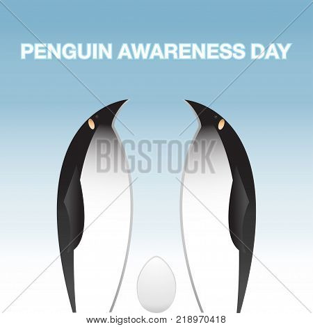 Two penguins hatching an egg. Vector illustration.