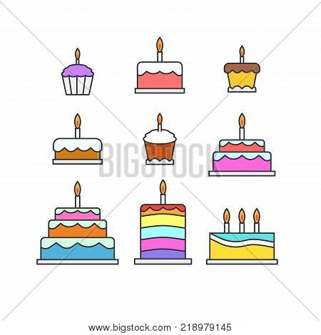 Colorful cakes muffins pies glazed dessert sweets illustration set