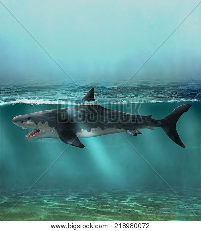 3D render of a great white shark swimming just below ocean surface (with digital painting)