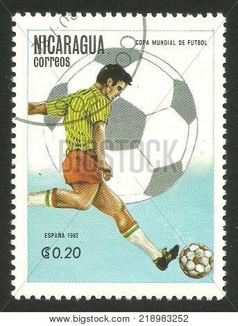 Nicaragua - CIRCA 1982: Stamp printed by Nicaragua Multicolor edition offset printing on topic of Football World Cup 1982 in Spain shows Football championships