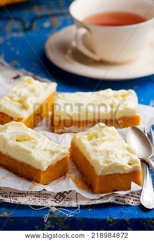 Pumpkin Bars with cream cheese fristing.selective focus